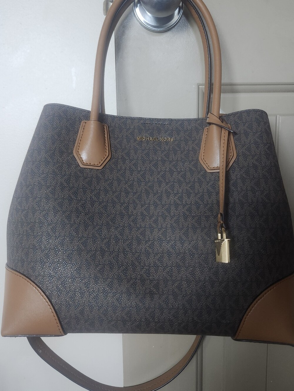 Michael Kors Dark Brown Logo Tote with Tan Trim